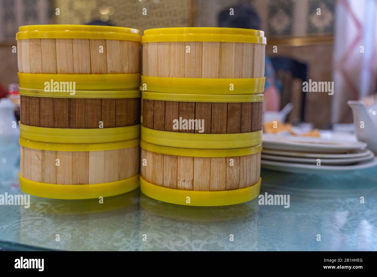 Dimsum bamboo steamer boxes in Hong Kong restaurant Stock Photo