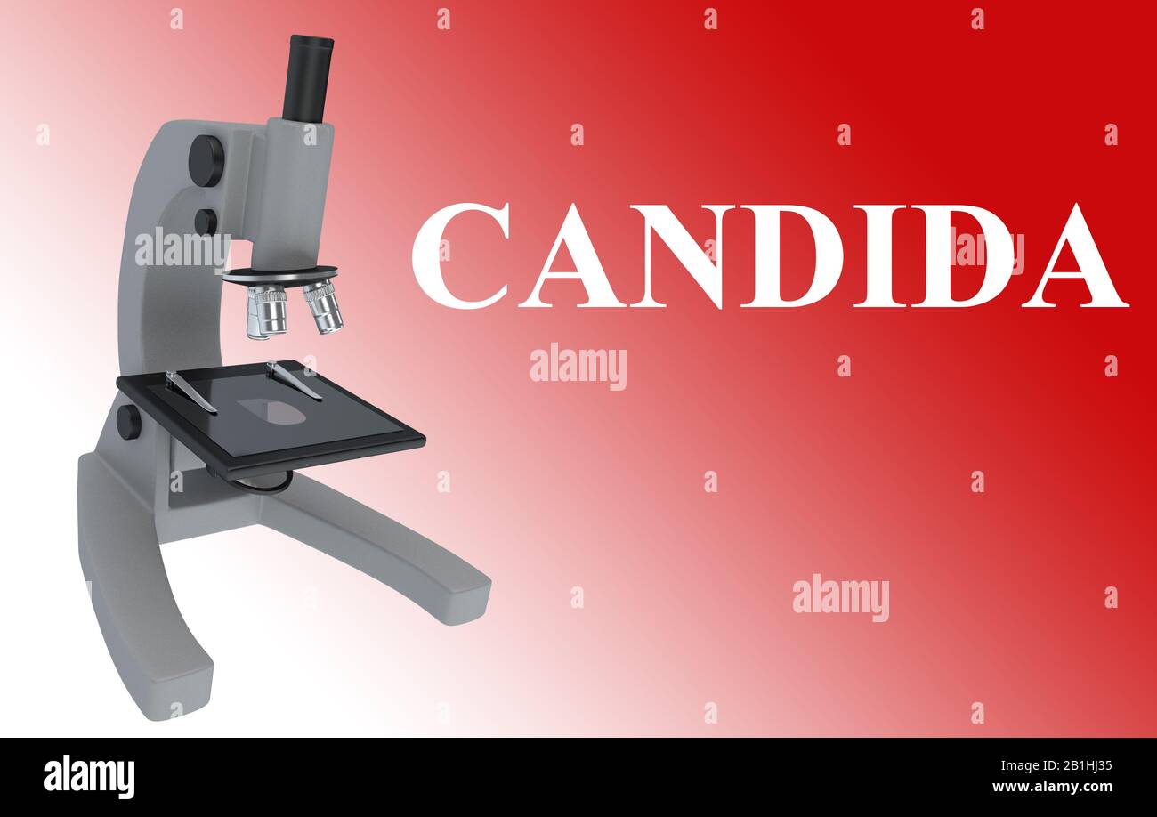 3D illustration of a microscope with CANDIDA title, isolated on red ...