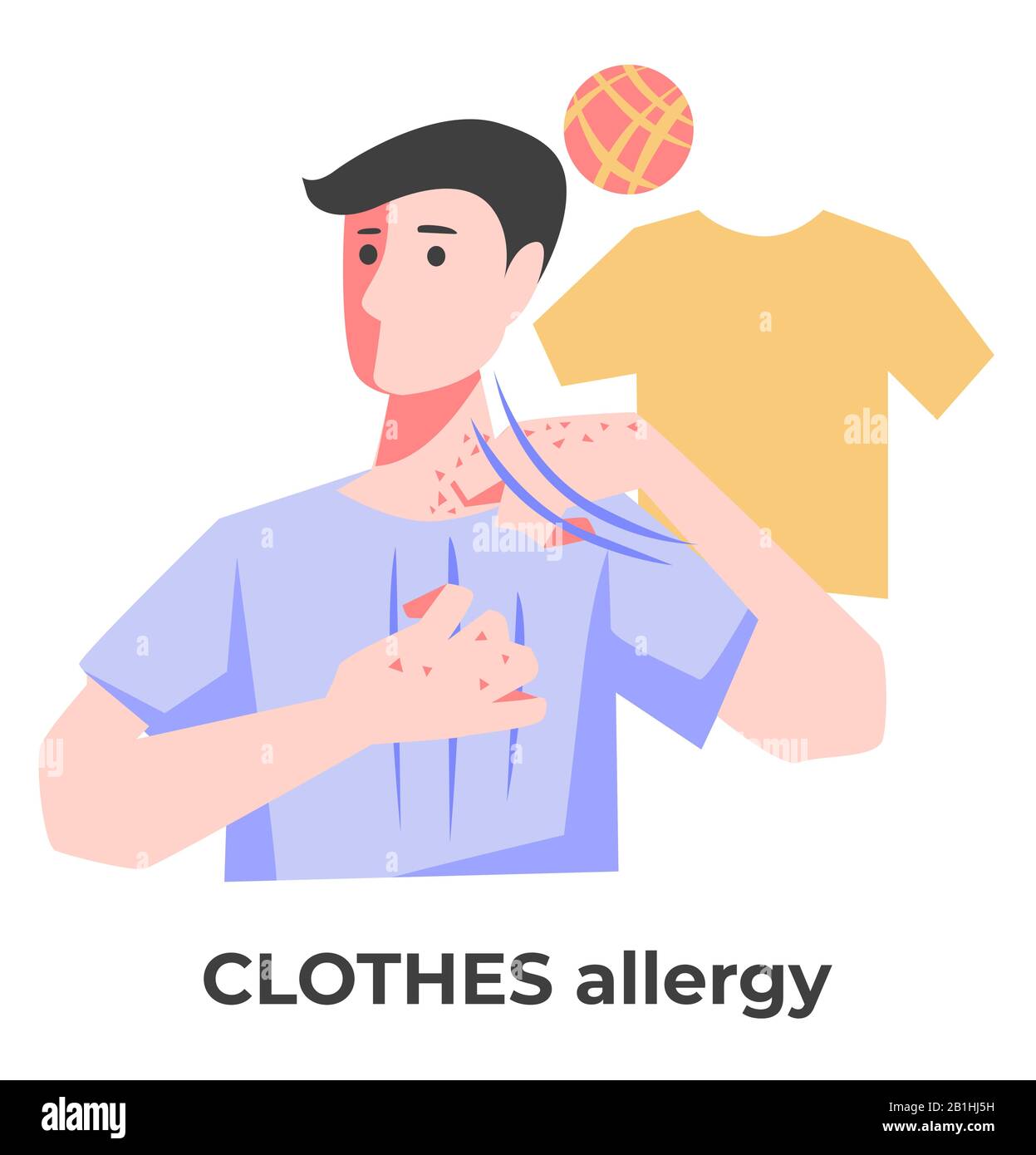 Dermatitis or clothes allergy, man itching skin rash Stock Vector
