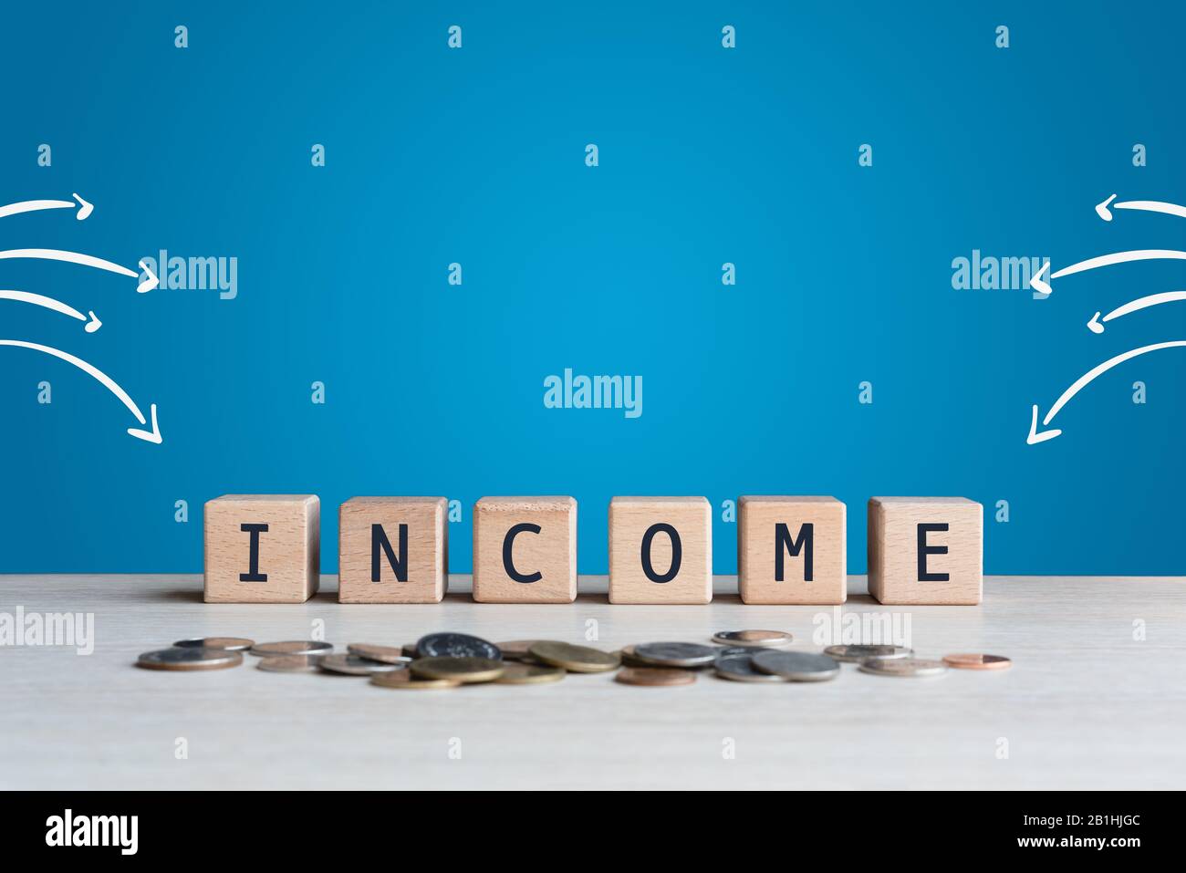 Financial wealth multiple streams concept on wood blocks with copy space - Money growth and personal income revenue - Savings investments and passive earnings - Opportunity, finance and funds concepts Stock Photo