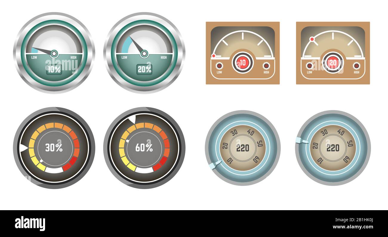 Speedometer and fuel volume indicator and display set Stock Vector
