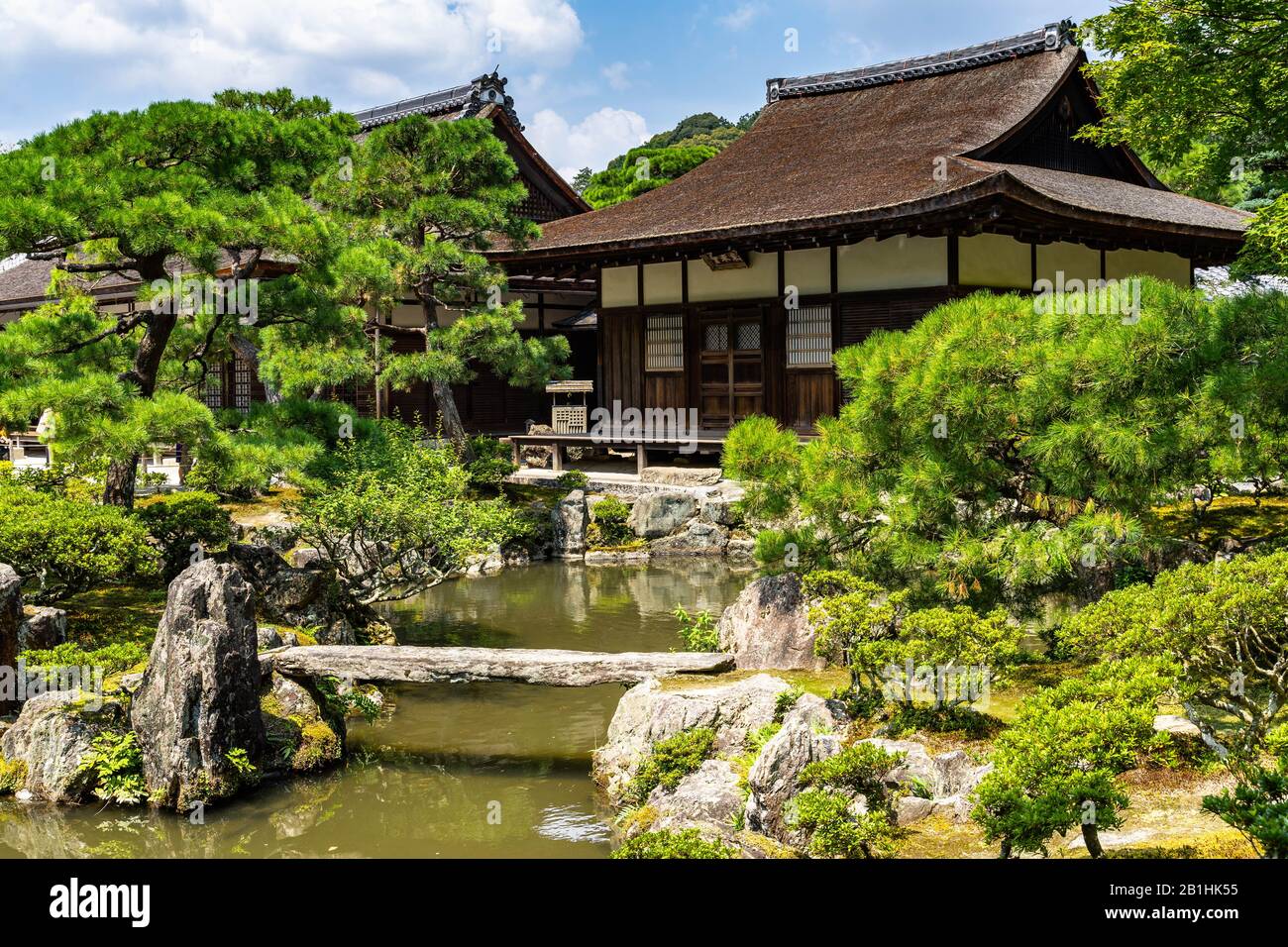 Scenic view of Ginkakuji Temple (Silver Pavilion) complex: on the left, The Hondo, on the right the Togudo Hall, Kyoto, Japan Stock Photo