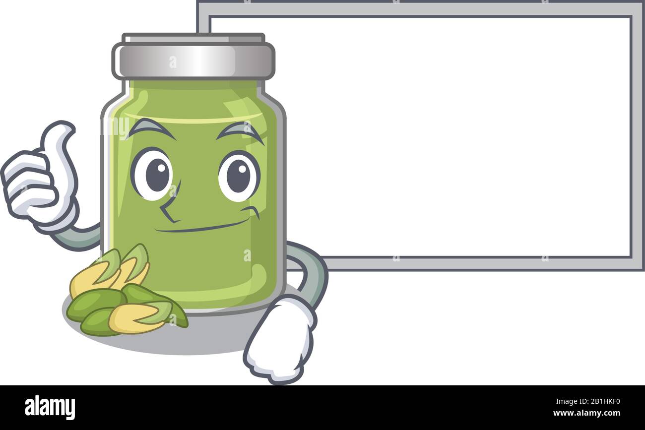 Thumbs up of pistachio butter cartoon design having a board Stock