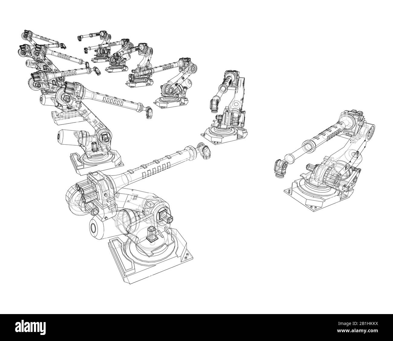Designed Robot Exploded View A industral robots manipulators. Blueprint style. Vector rendering from ...