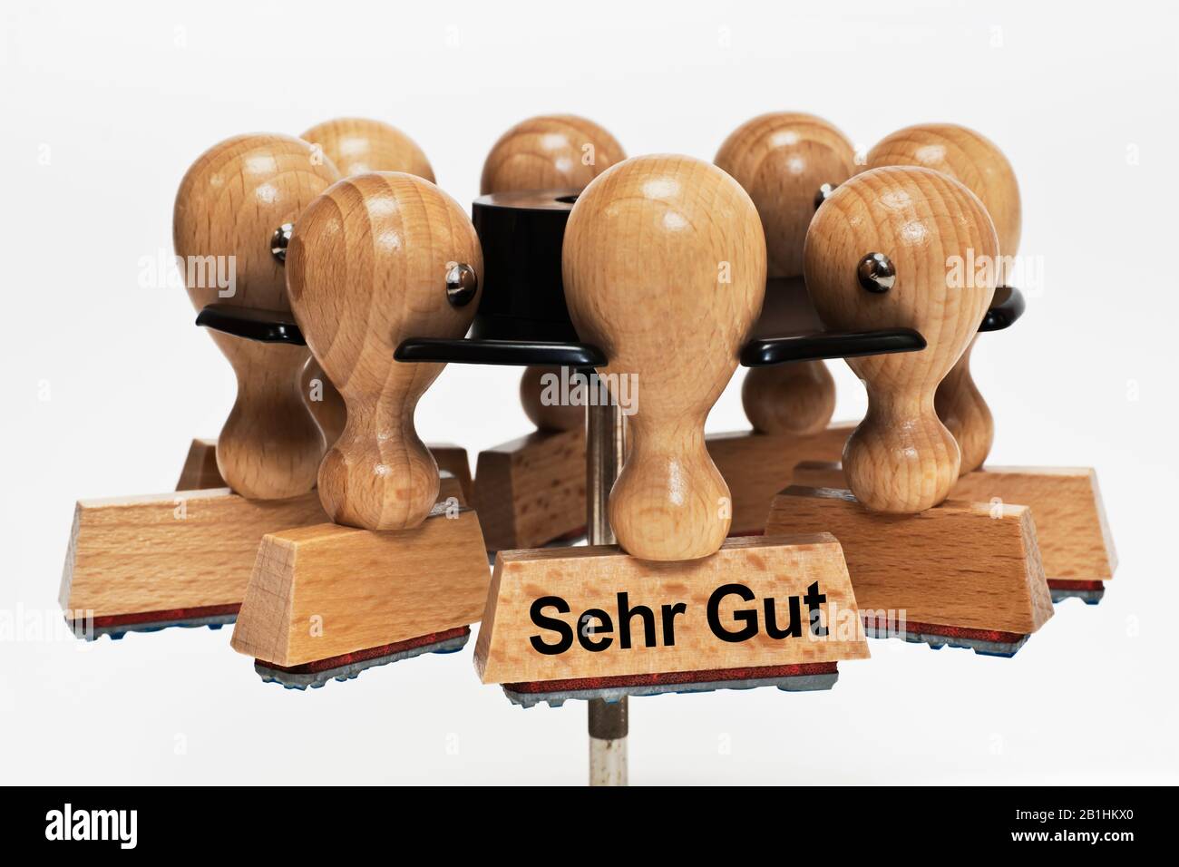 a stamp with the inscription Sehr Gut (Very well) hangs in a stamp rack Stock Photo