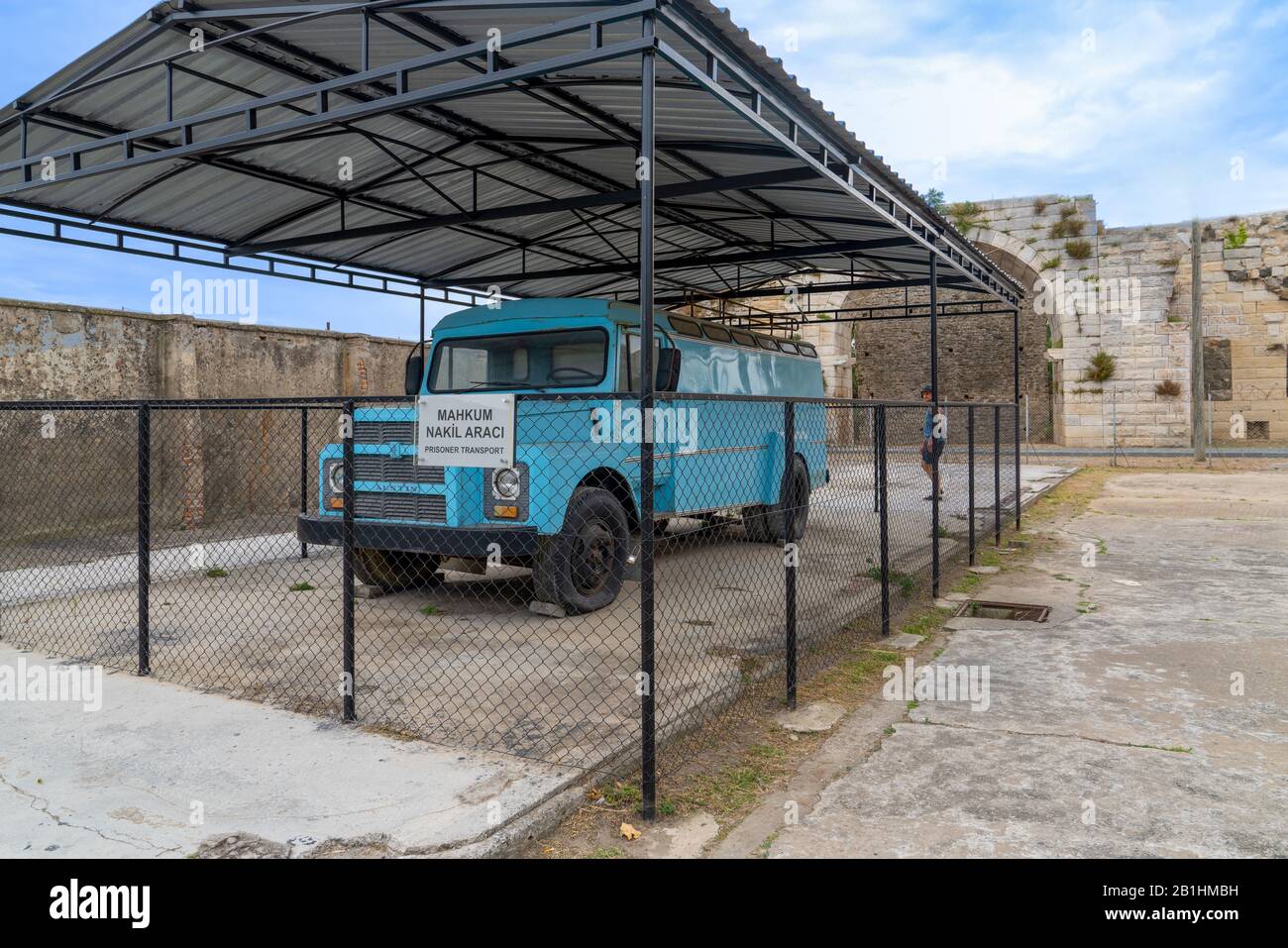 Sinop/Turkey - August 04 2019:Blue  bus for prisoner transportation in old Sinop Fortress Prison Stock Photo