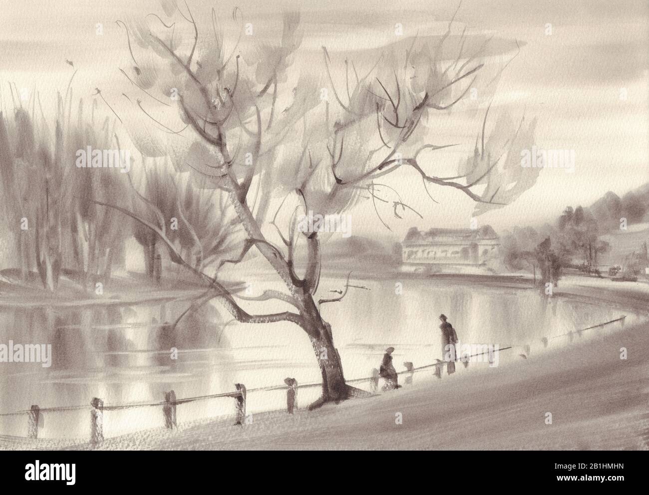 River landscape in sepia watercolor vintage background Stock Photo