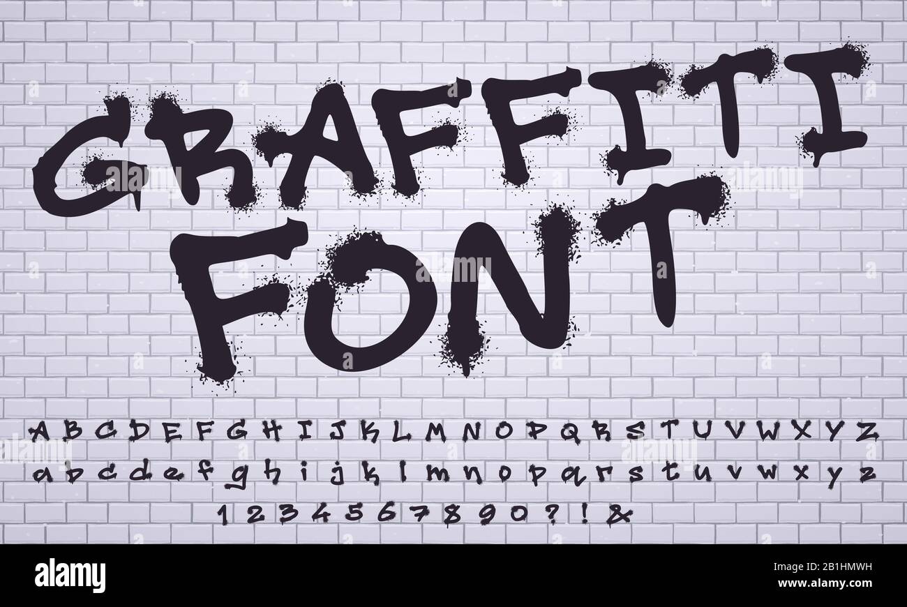 Spray graffiti font. City street art wall tagging lettering, dirty graffitis numbers and letters vector set Stock Vector
