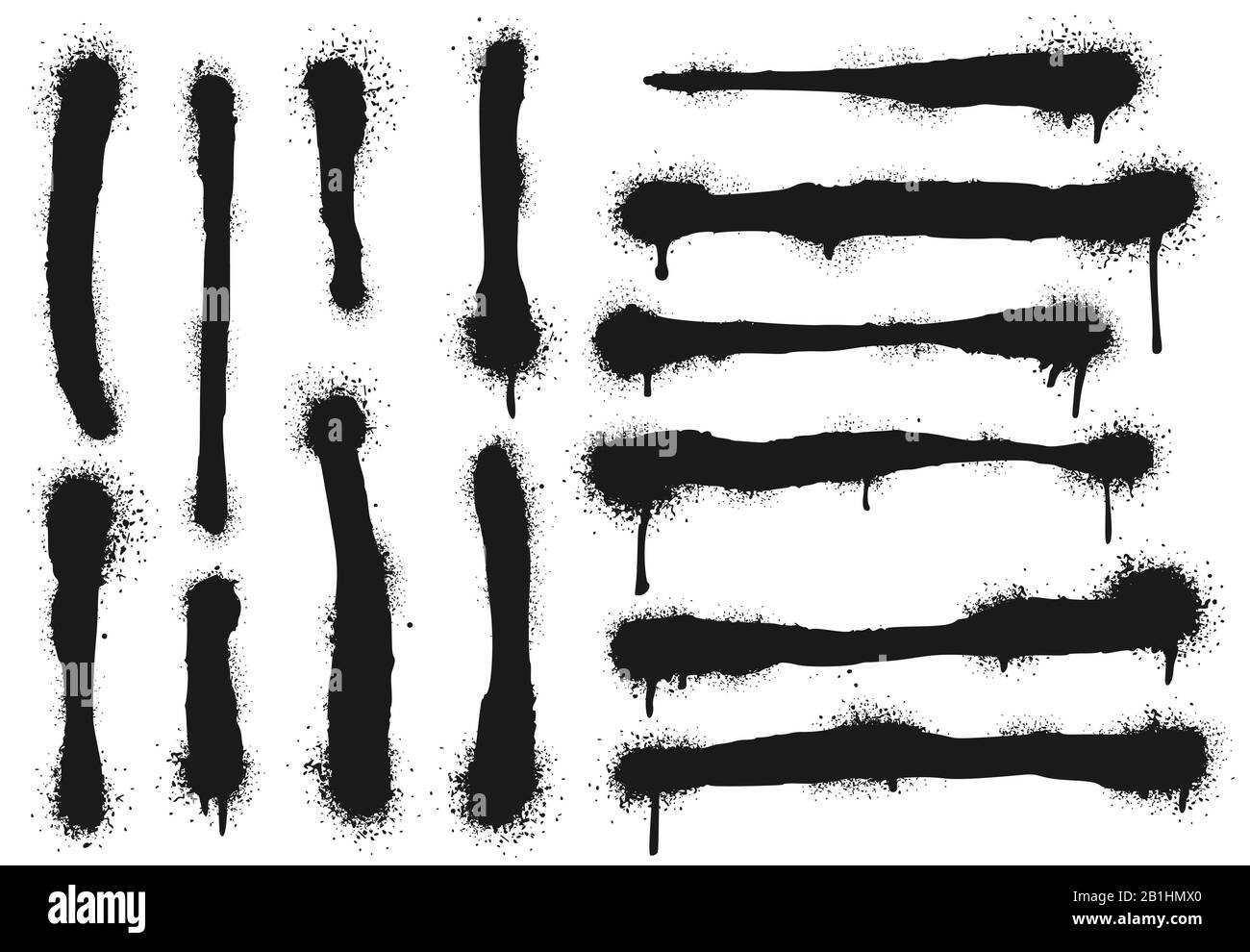 Spray painted lines with paint drips. Graffiti paint, splatter drawing strokes and dirty street art vector illustration set Stock Vector