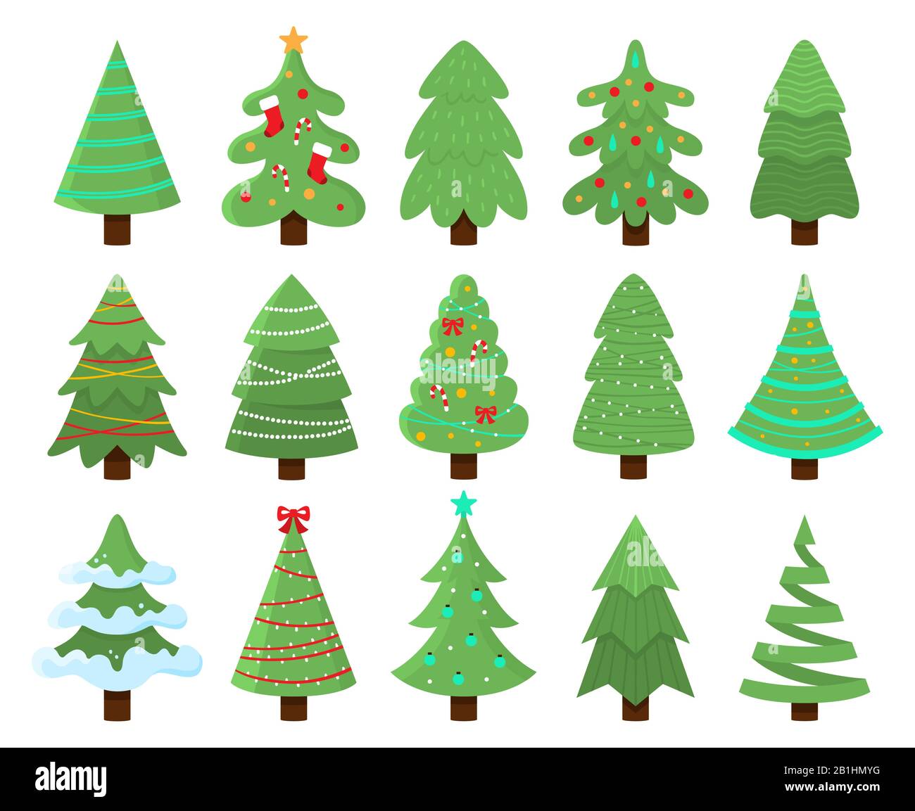 Decorated xmas trees. New Years tree with heralds, striped christmas