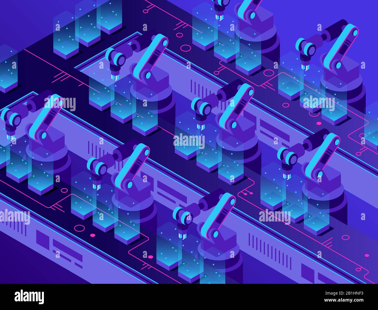 Isometric futuristic production line. Industrial warehouse automation, smart robotic arms and factory machines vector illustration Stock Vector
