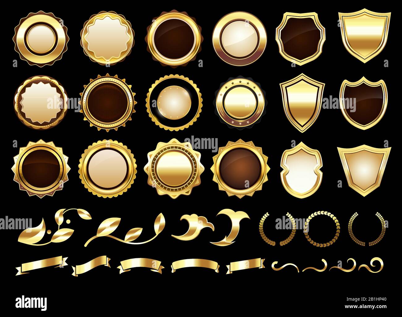 Elegant golden labels. Shields badges, gold ornamental scrolls amd retro label vector illustration set Stock Vector