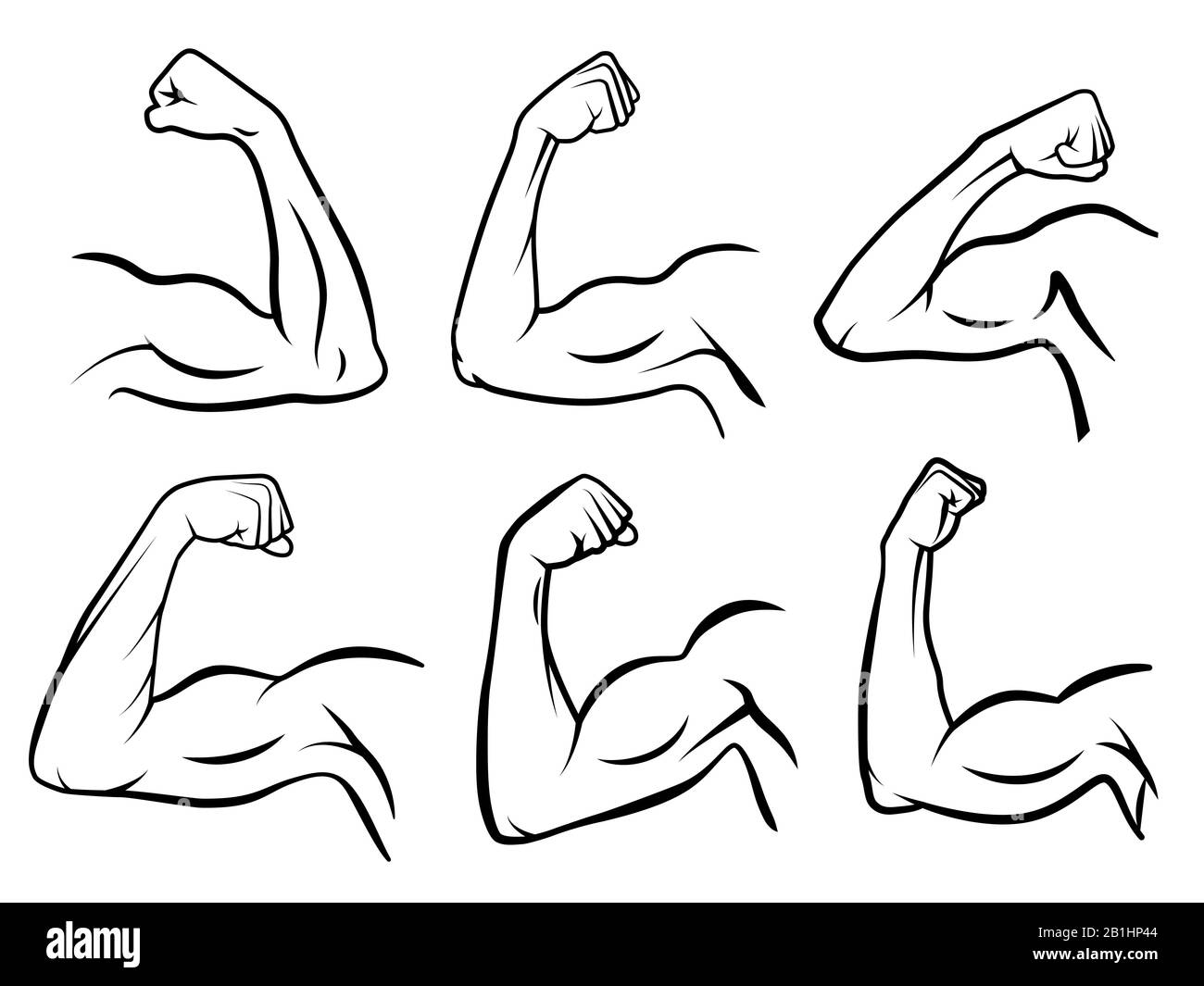 Powerful hand muscle. Strong arm muscles, hard biceps and hands strength outline vector illustration set Stock Vector