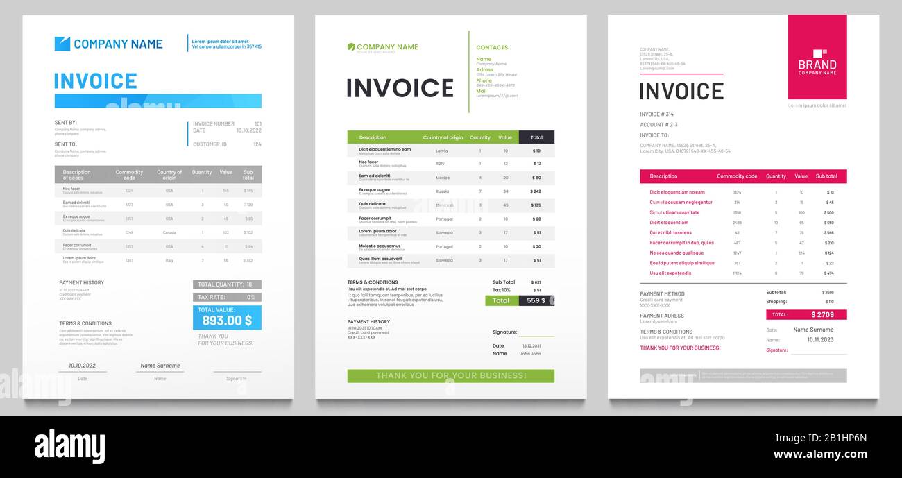 Business invoice form template. Invoicing quotes, money bills or price invoices and payment agreement design templates vector set Stock Vector