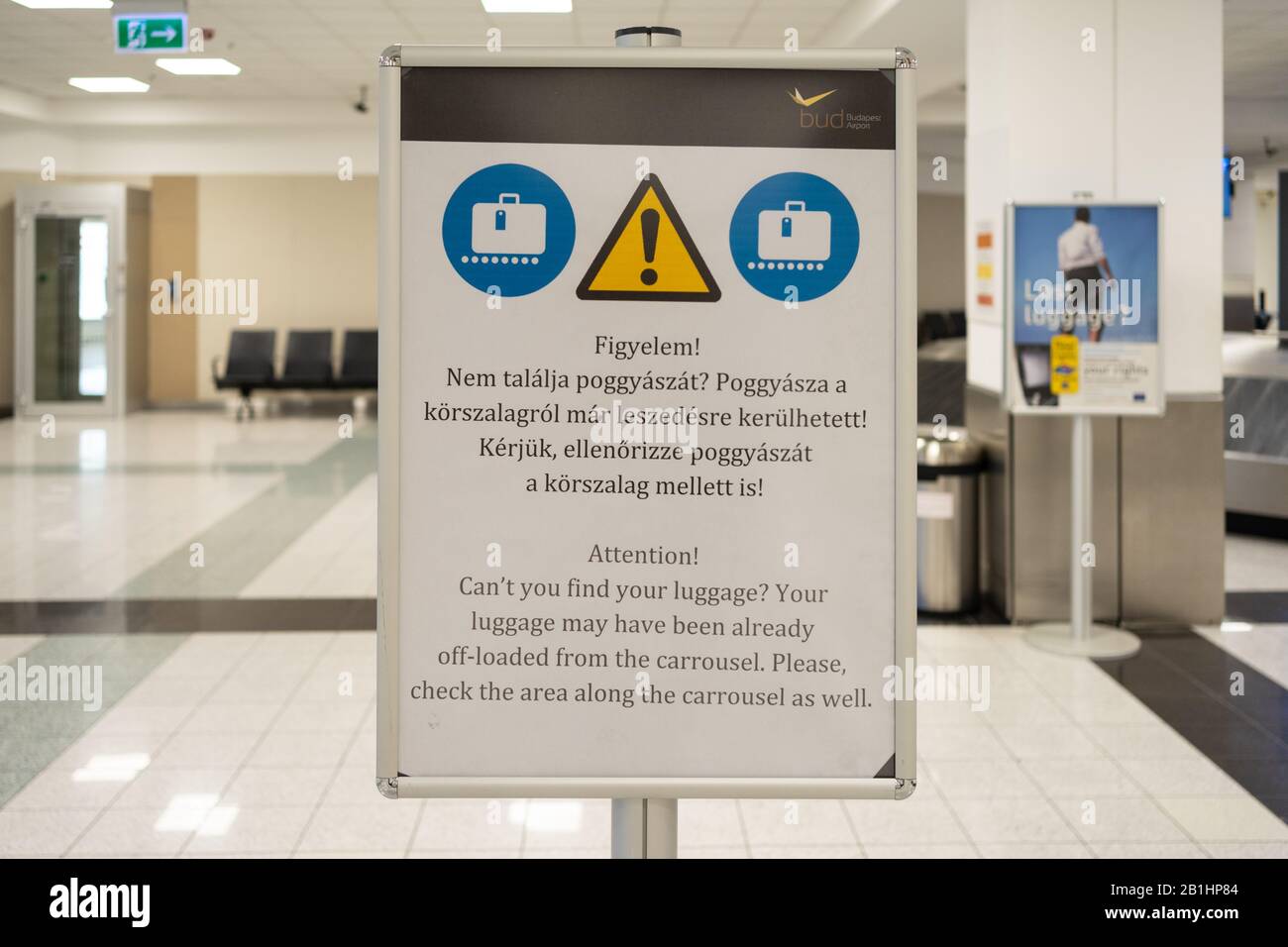 Budapest, Hungary - Febr 25, 2020: Ferenc Liszt International Airport, Budapest. Warning sign advises on lost baggage Stock Photo