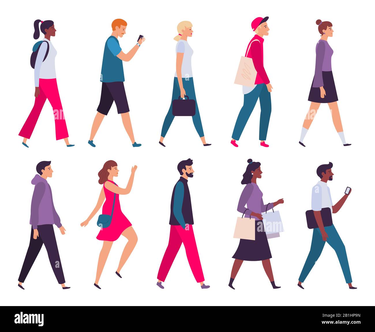 Walking people. Men and women profile, side view walk person and walkers characters vector illustration set Stock Vector