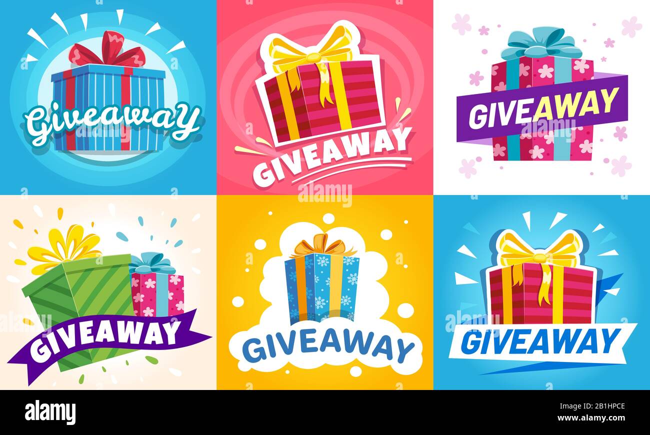 Giveaway winner poster. Gift offer banner, giveaways post and gifts prize flyer vector illustration set Stock Vector