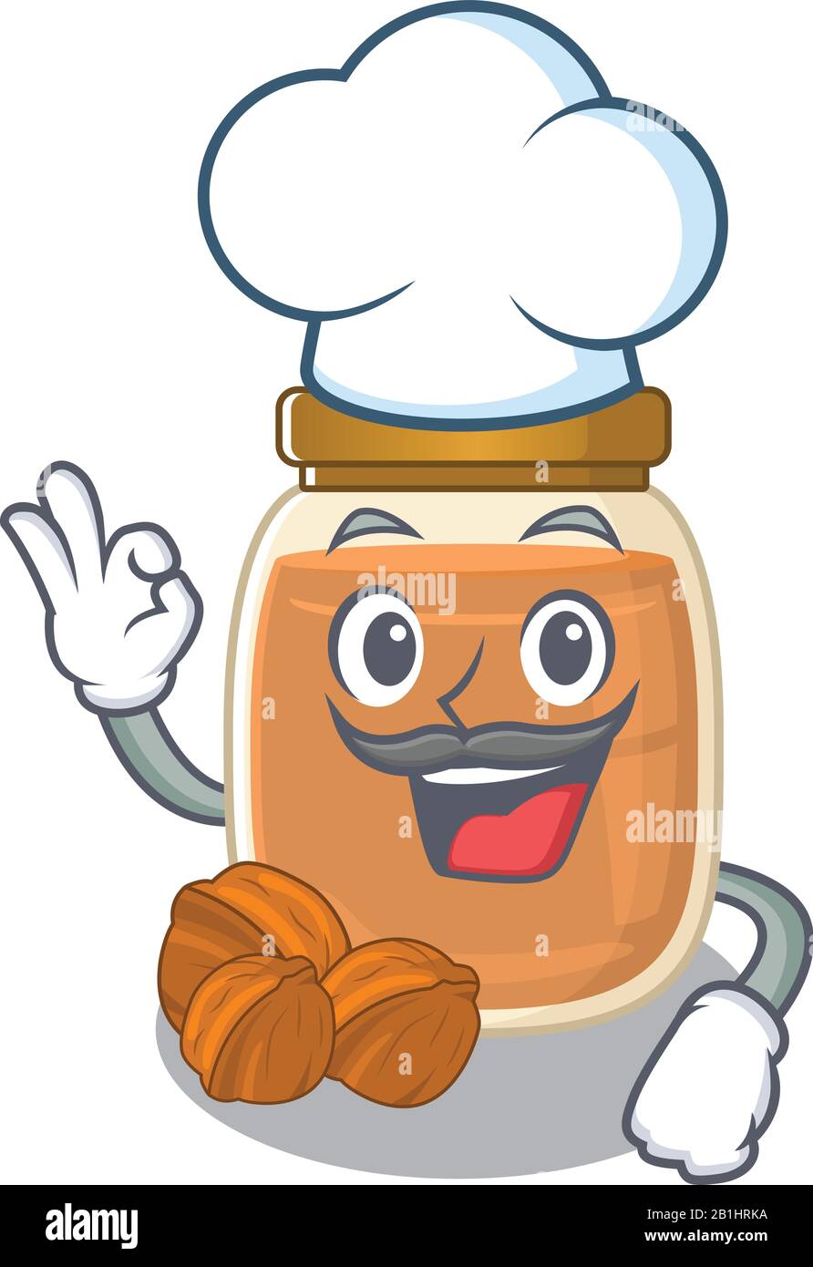 Walnut butter cartoon character working as a chef and wearing white hat