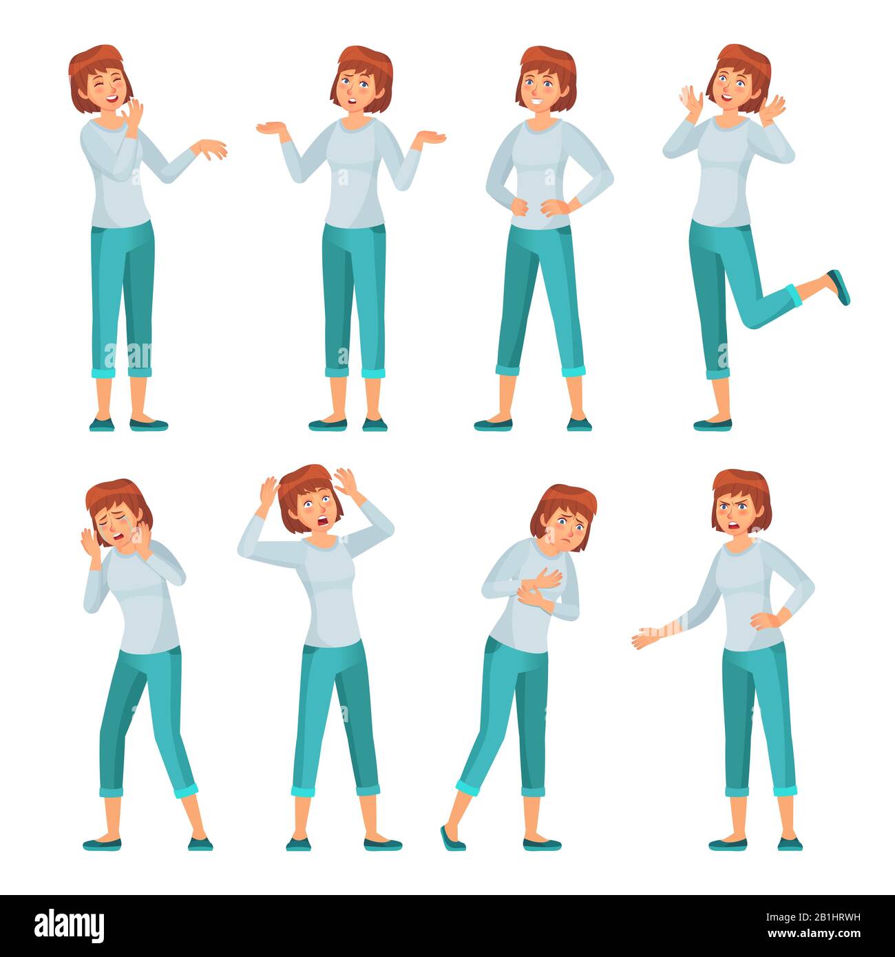 Cartoon woman character emotions. Women facial emotion, young female in casual clothing and smiling happy woman vector set Stock Vector