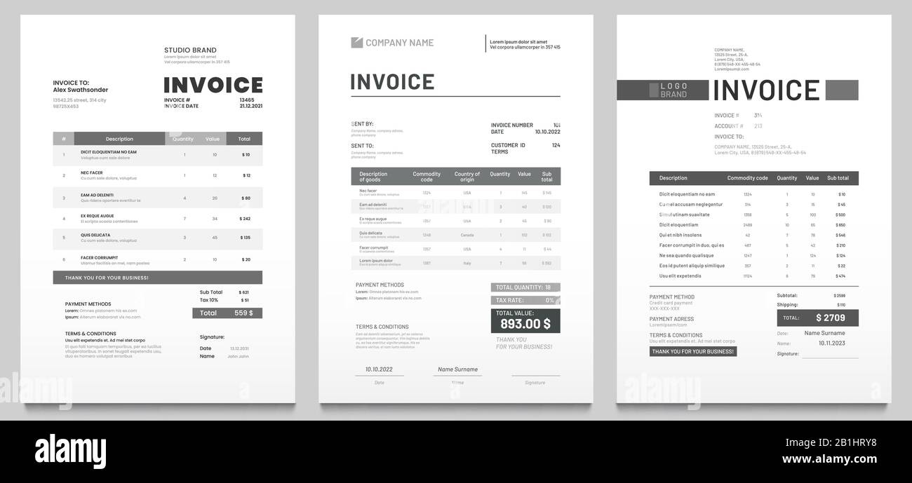 Invoices templates. Price receipt, payment agreement and invoice bill template vector set Stock Vector