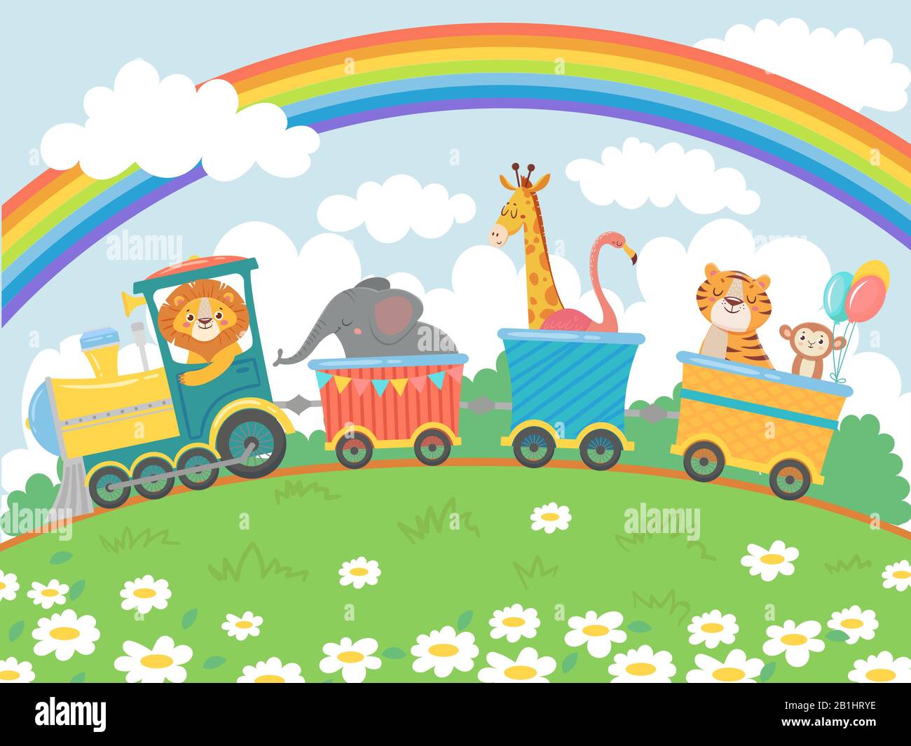 Cartoon animals travel. Zoo train, cute animal trains journey and funny pets traveling on locomotive vector background illustration Stock Vector