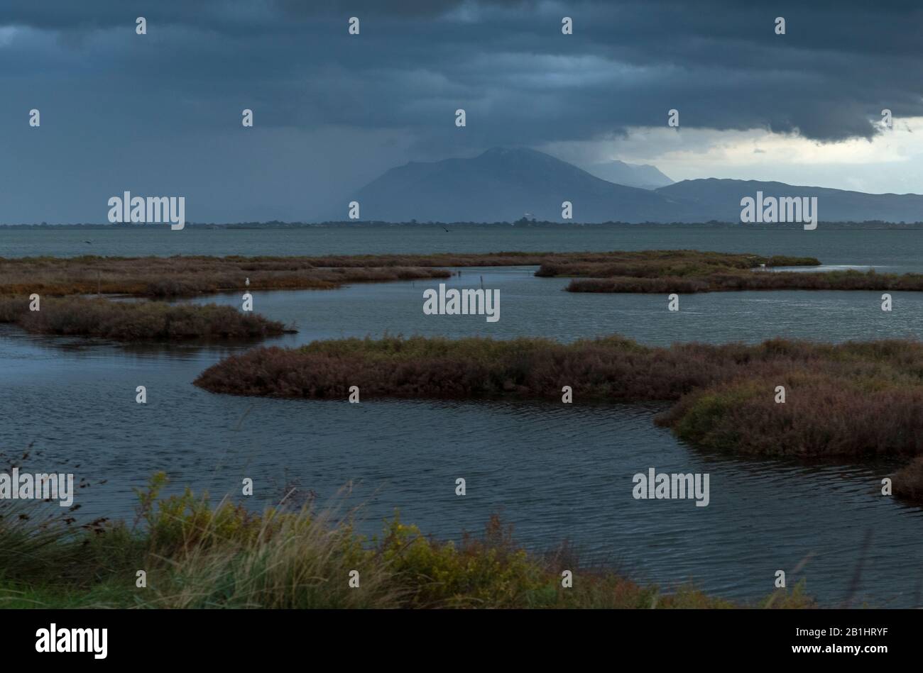 Saltmarsh and lagoons in the Amvrakikos Wetlands National Park, Gulf of Preveza, Greece in stormy weather. Stock Photo