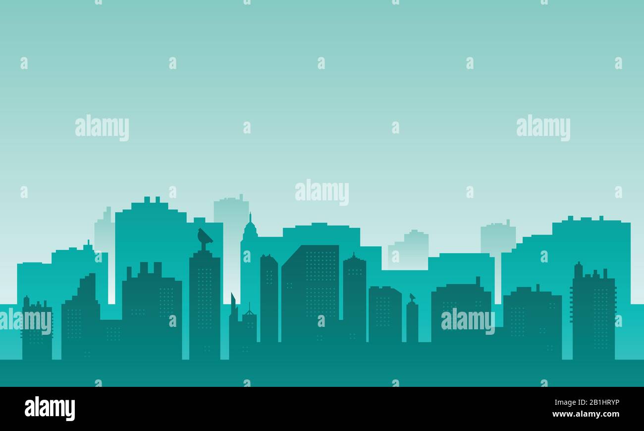 A city silhouette with lots of buildings and a foggy morning sky Stock ...