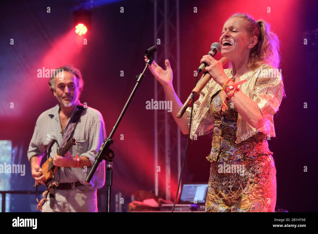 Martin Cradick and Su Hart of Baka Beyond performing at Wickham Festival, Hampshire, UK. August 2, 2019 Stock Photo