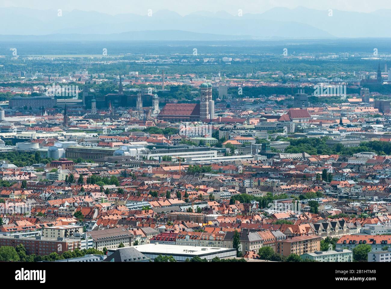 Aerial view over Munich, Germany, toward Altstadt, in summer. Stock Photo