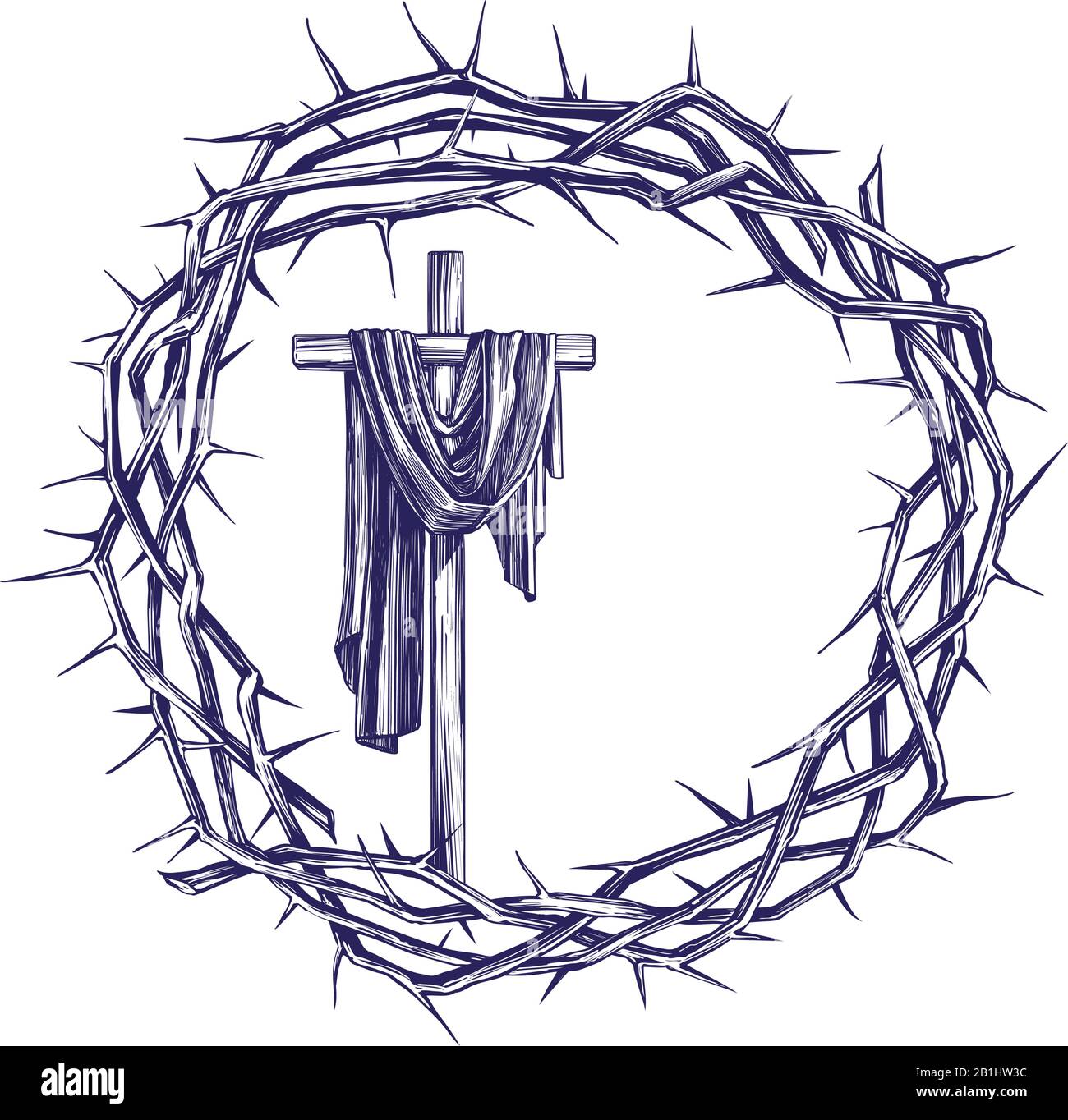 cross and crown of thorns, easter religious symbol of Christianity hand drawn vector illustration sketch. Stock Vector