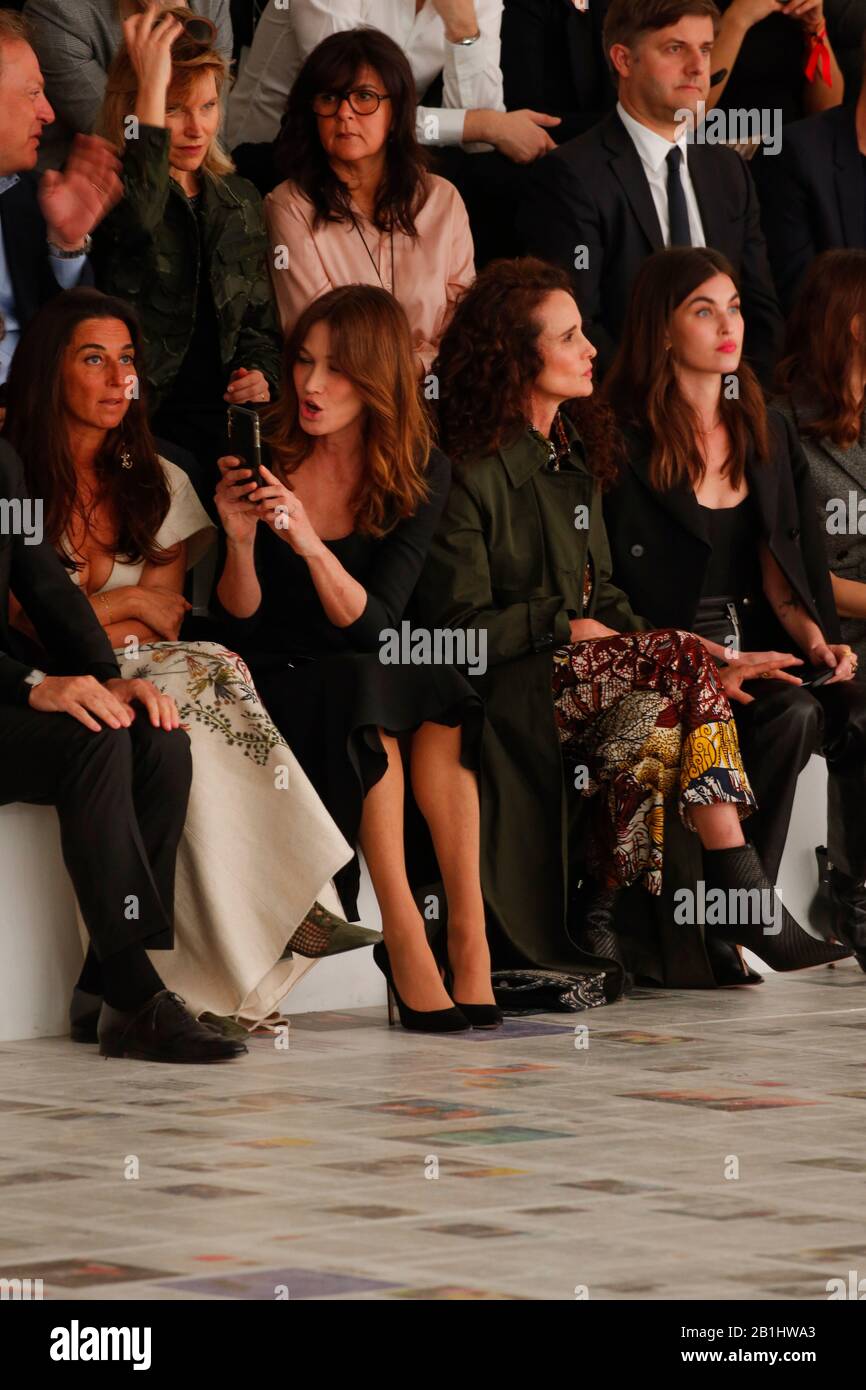 Paris, France. 25th Feb, 2020. Carla Bruni and Andie McDowell share the frontrow at the Dior fashion show during Fall/Winter 2020/2021 Fashion Week in Paris, France on Feb 25, 2020. (Photo by Jonas Gustavsson/Sipa USA) Credit: Sipa USA/Alamy Live News Stock Photo