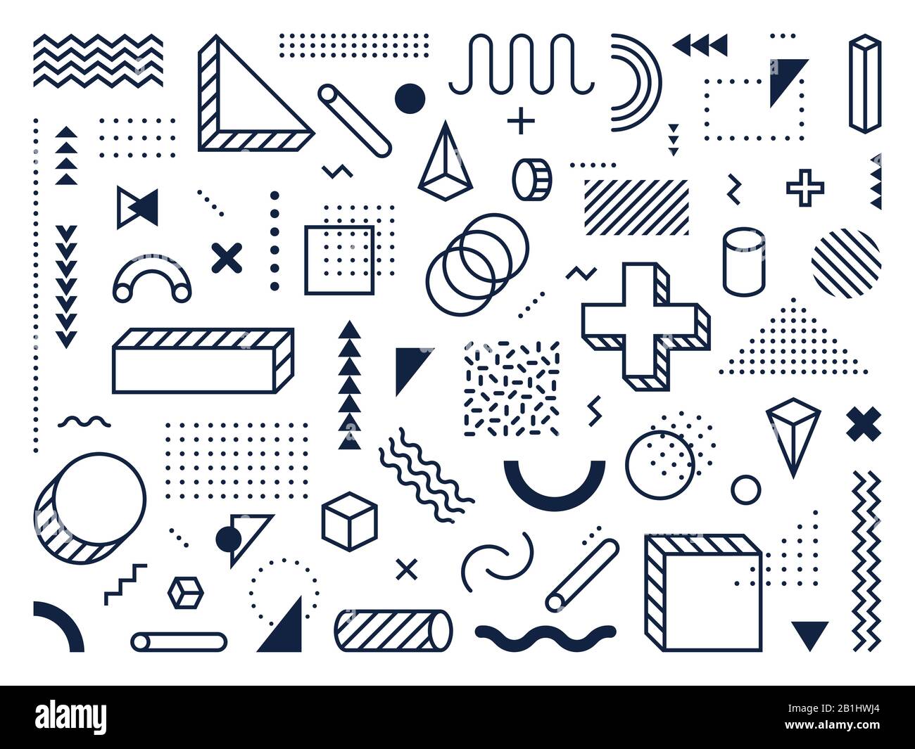 Abstract geometric shapes. Outline circle, triangle and cube. Trendy memphis style symbols, lines and dots patterns vector set Stock Vector