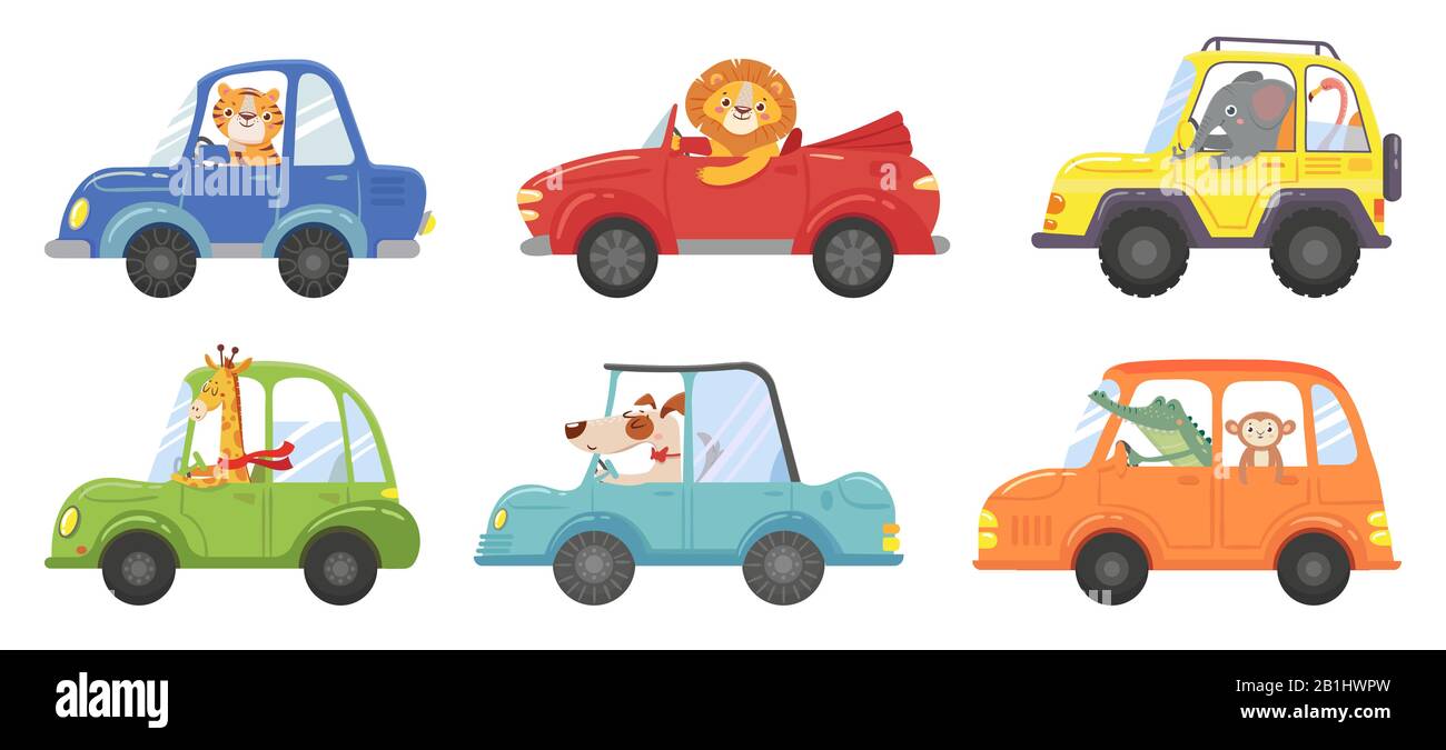 Cute animals in funny cars. Animal driver, pets vehicle and happy lion in car kid vector cartoon illustration set Stock Vector