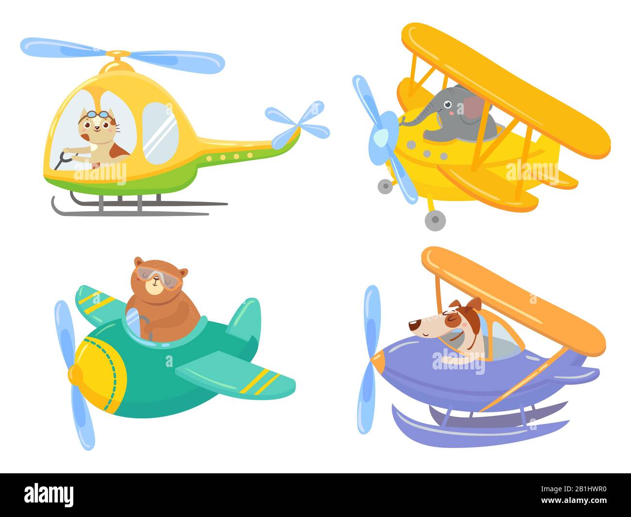 Cute animals on air transport. Animal pilot, pet in helicopter and airplane journey kids cartoon illustration set Stock Vector