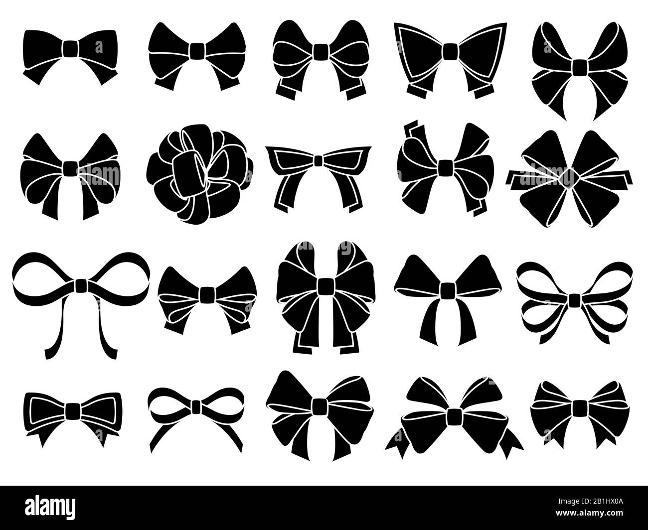 Decorative bow silhouette. Gift wrapping favor ribbon, black jubilee bows stencil vector icons set Stock Vector