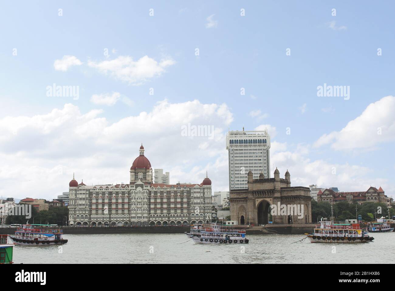 8 Sept 2019, Mumbai, Maharashtra, India. Gateway of India, Old and New Taj Hotel sea side view Stock Photo