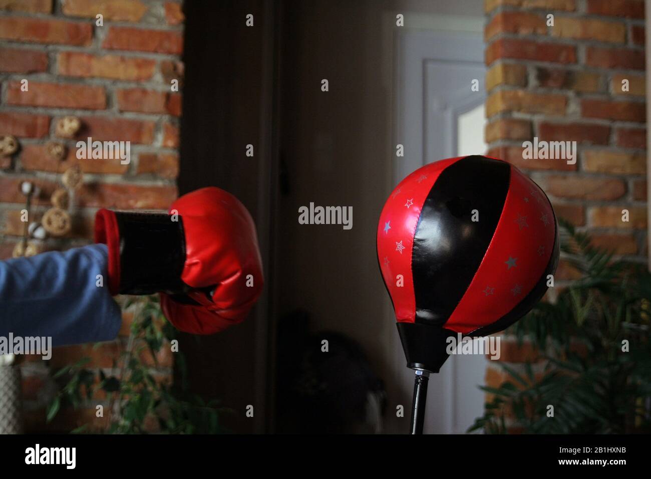 Kid boxing training. Boxing glove and boxing sack Stock Photo Alamy