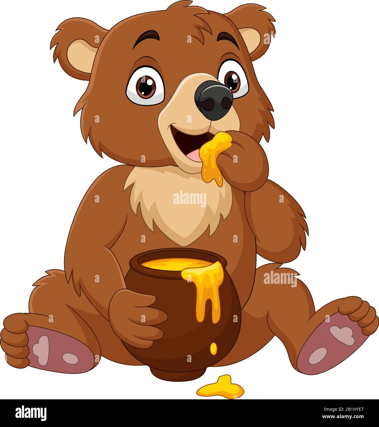 Cartoon baby bear sitting and eating honey from the pot Stock Vector Image  & Art - Alamy