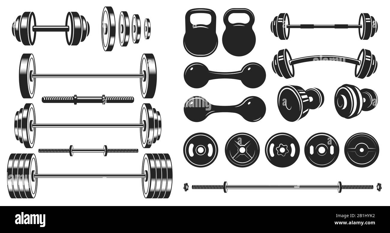 Gym equipment silhouette. Fitness sport, heavy weight barbell and vintage bodybuilding stencil vector illustration set Stock Vector