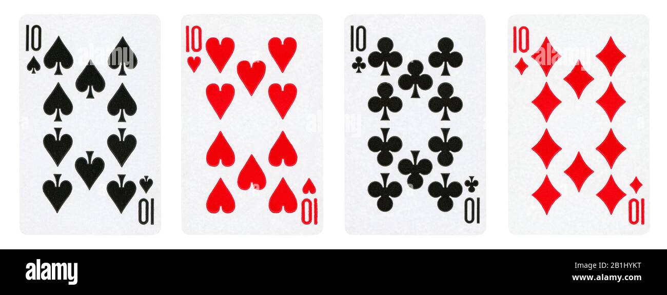 Four Vintage Playing Cards Isolated on White Background, Showing Tens from Each Suit - Hearts, Clubs, Spades and Diamonds Stock Photo