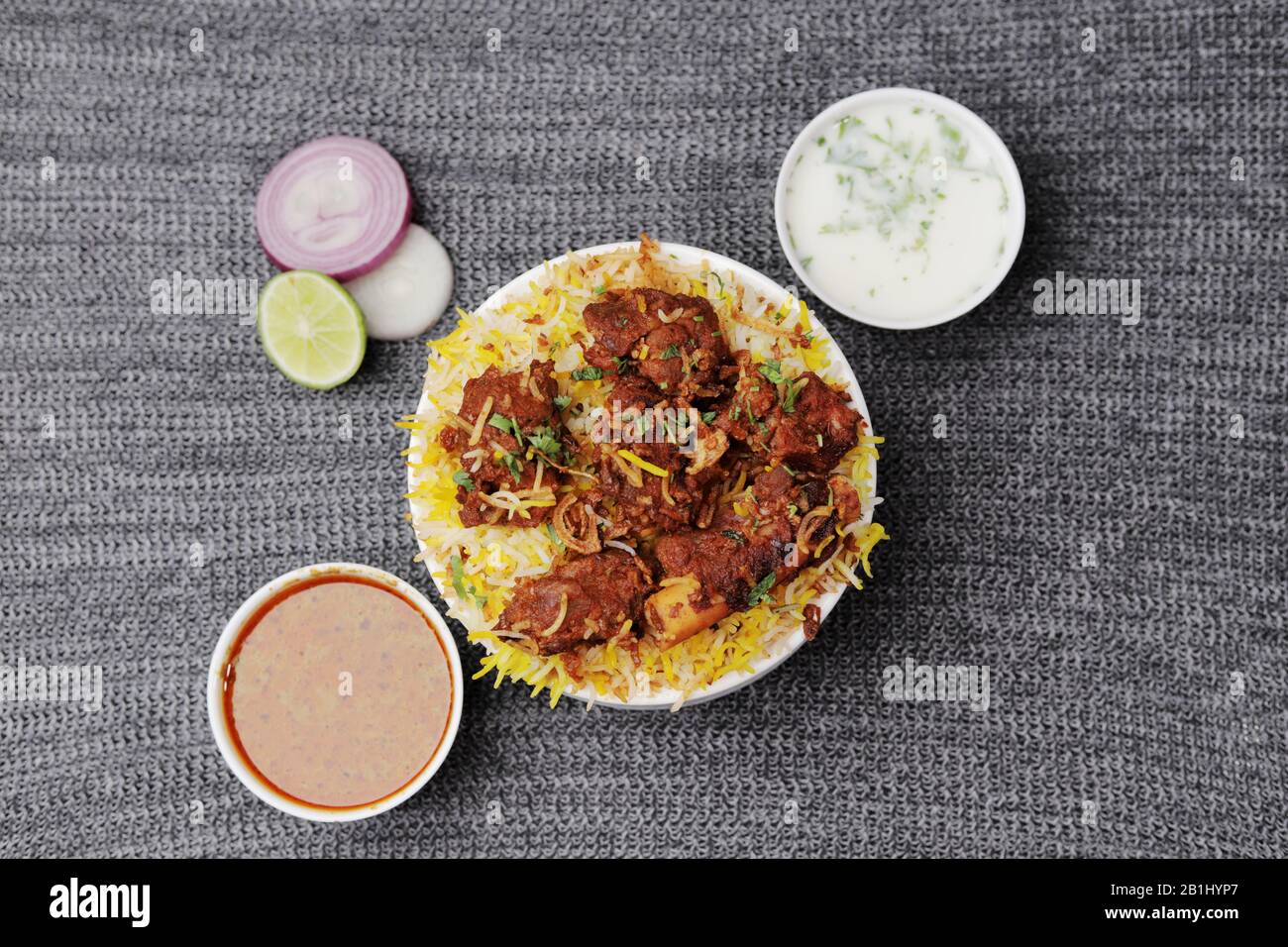 Hyderabadi chicken biryani and sauces Stock Photo