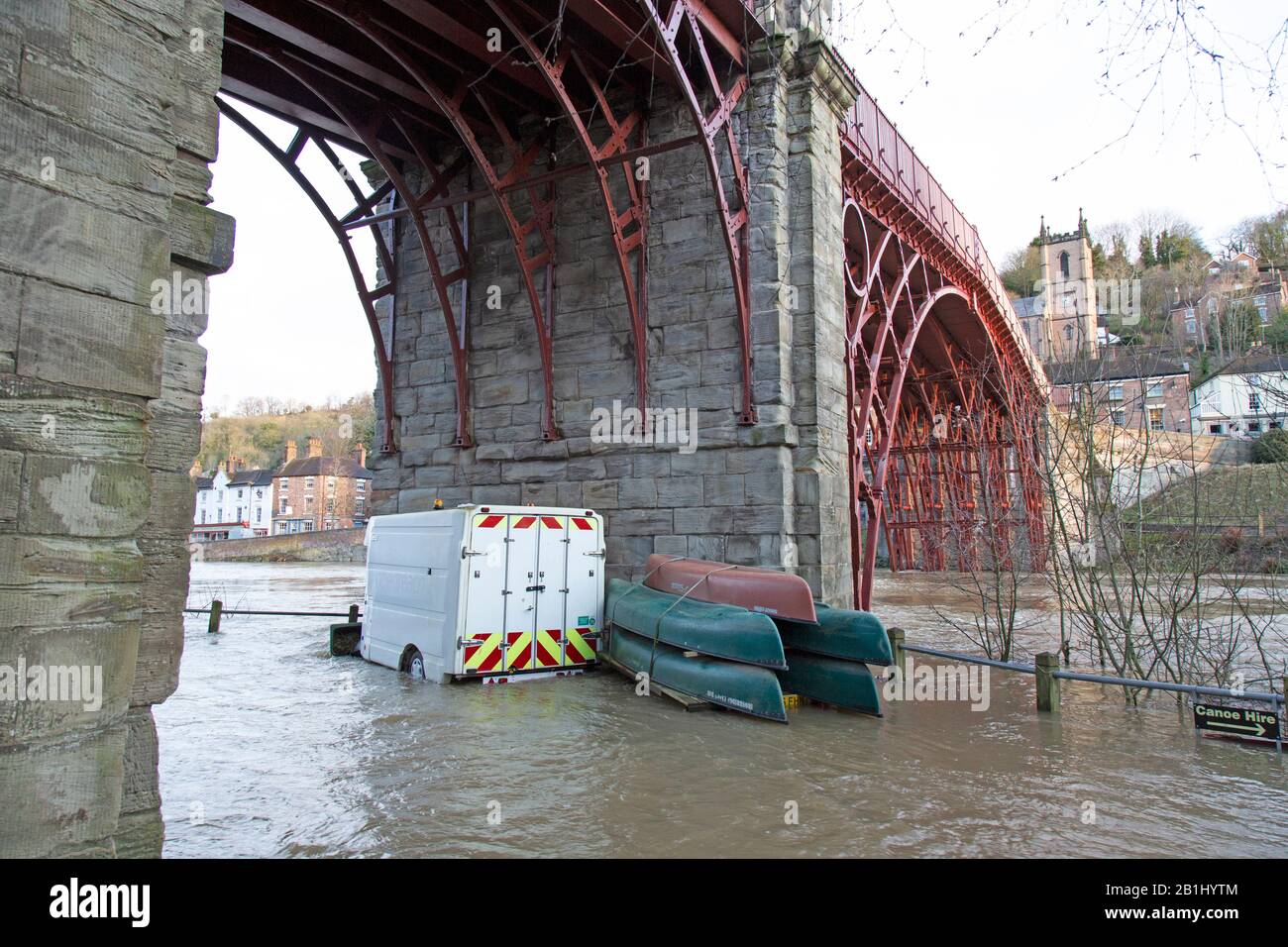 Ironbridge, Shropshire. 26th Feb, 2020. River Severn levels remain at record highs along the entire Ironbridge Gorge. Levels are predicted to remain high for the forthcoming few days. Credit: Rob Carter/Alamy Live News Stock Photo