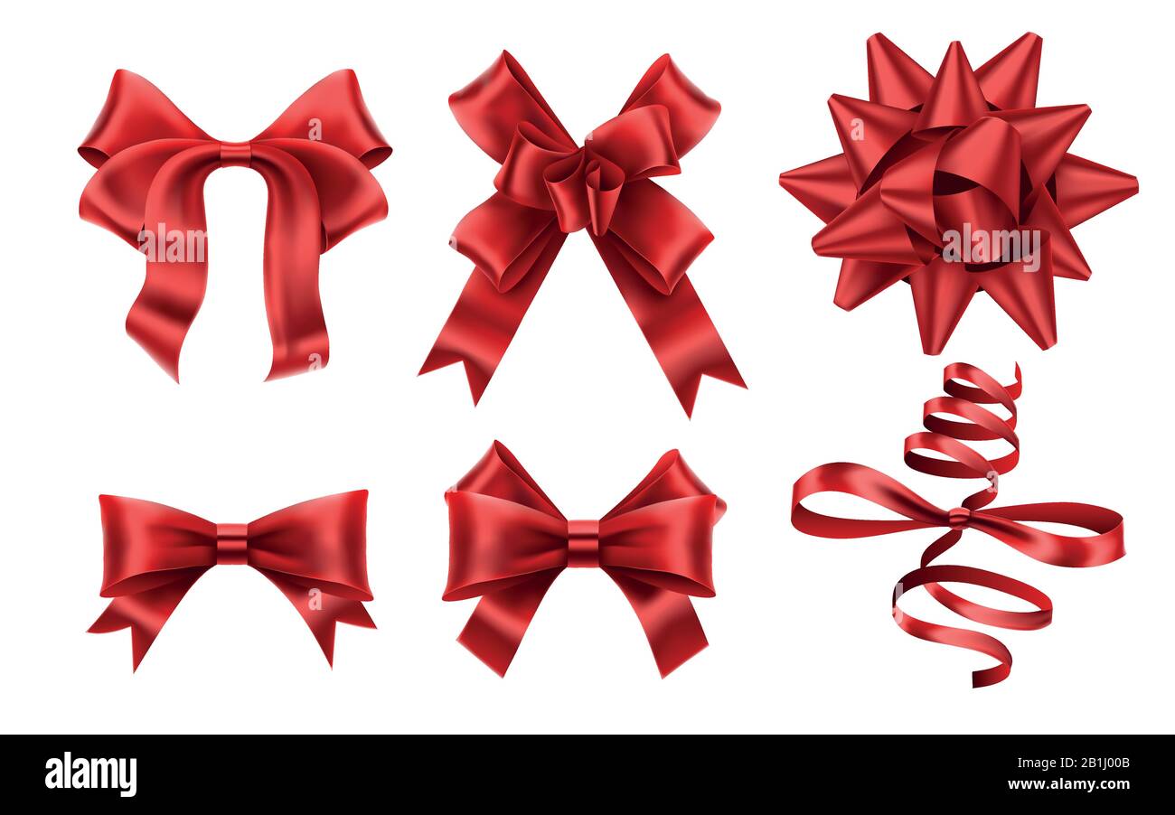 Realistic red bows. Decorative xmas gift ribbon bow, christmas or romance decoration elements vector illustration set Stock Vector