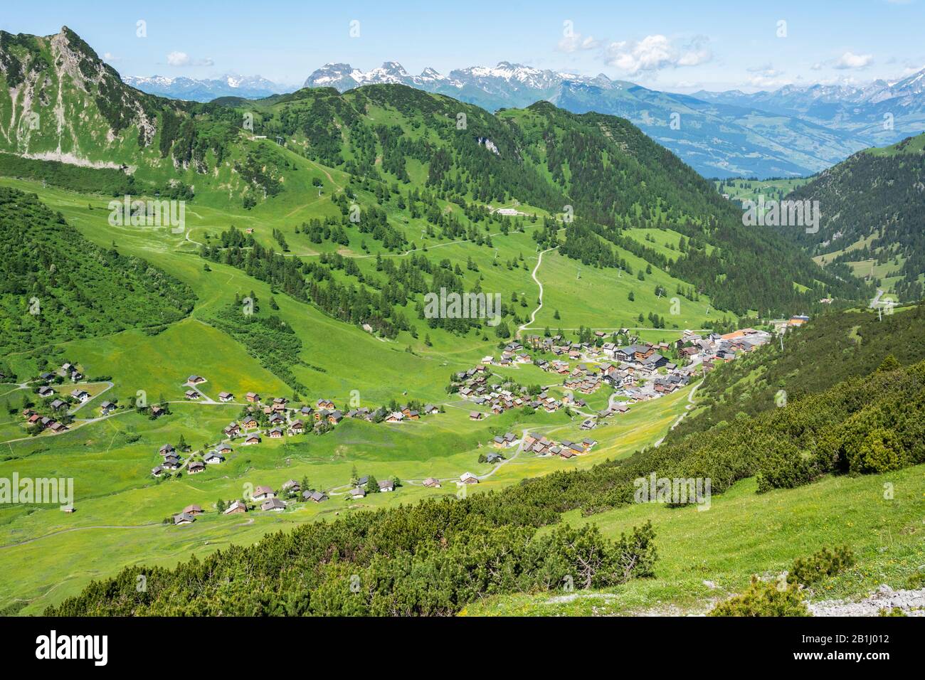 Aerial view over Malbun village of Liechtenstein. Stock Photo