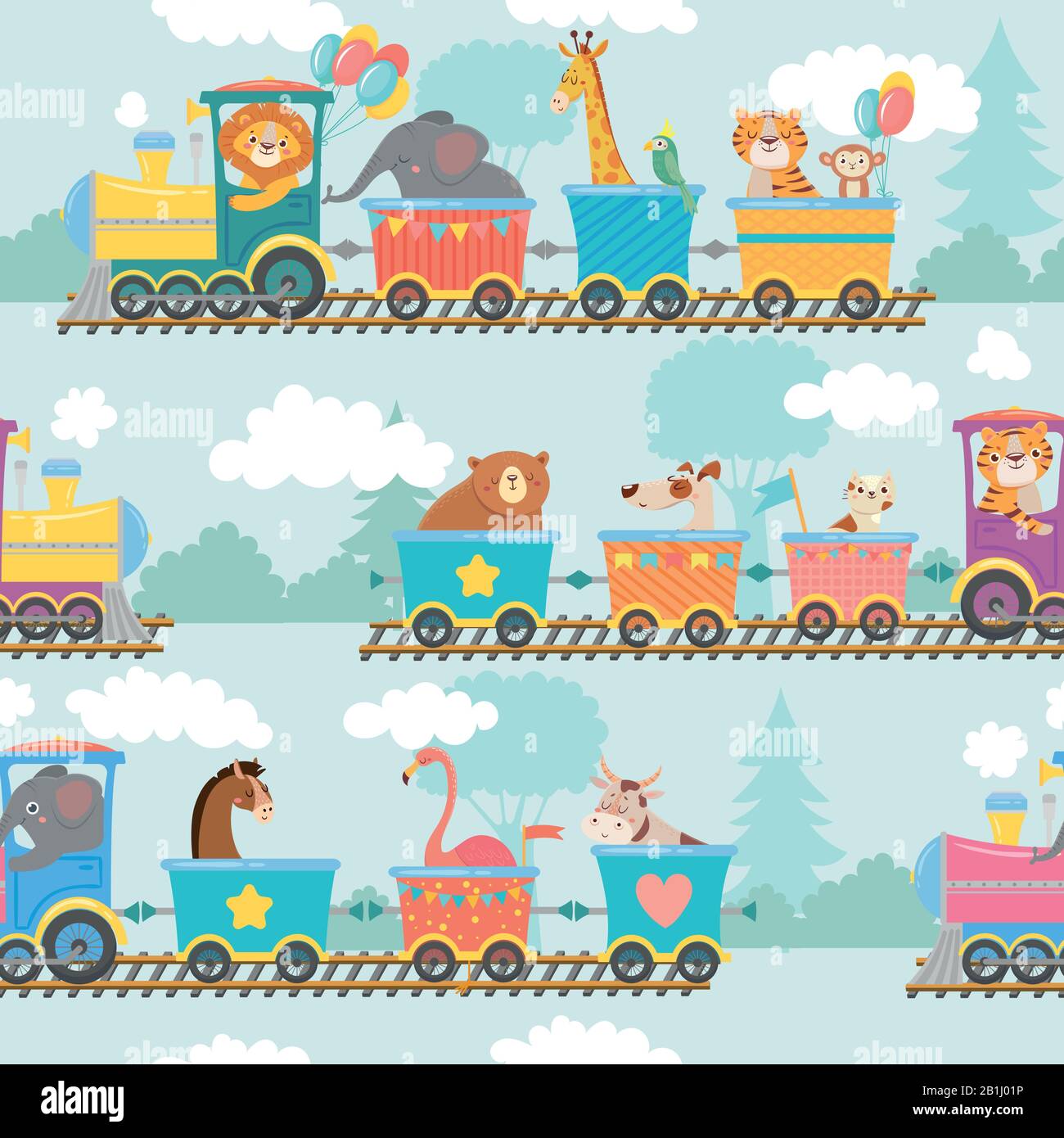 Seamless animals on train pattern. Happy animal in railroad car, trains trip and children cartoon vector illustration Stock Vector