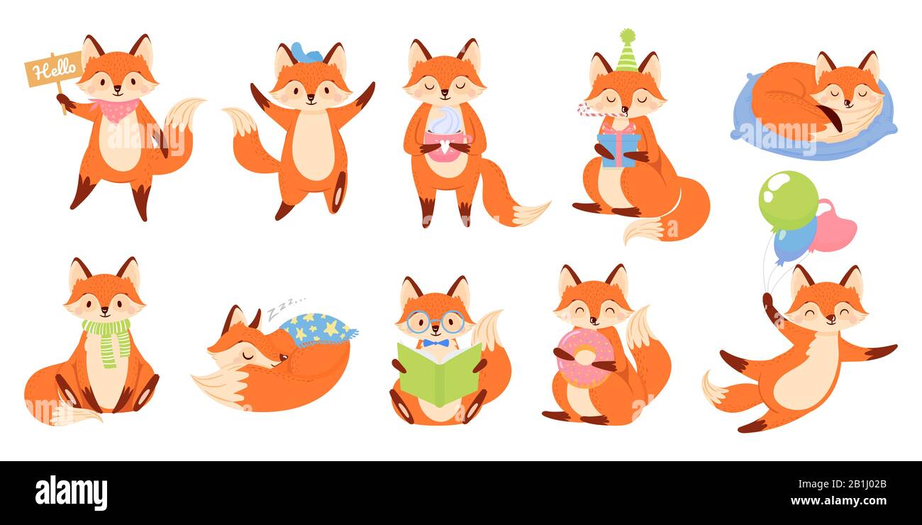 Cartoon fox mascot. Funny animal character, cute red foxes with black paws vector illustration set Stock Vector
