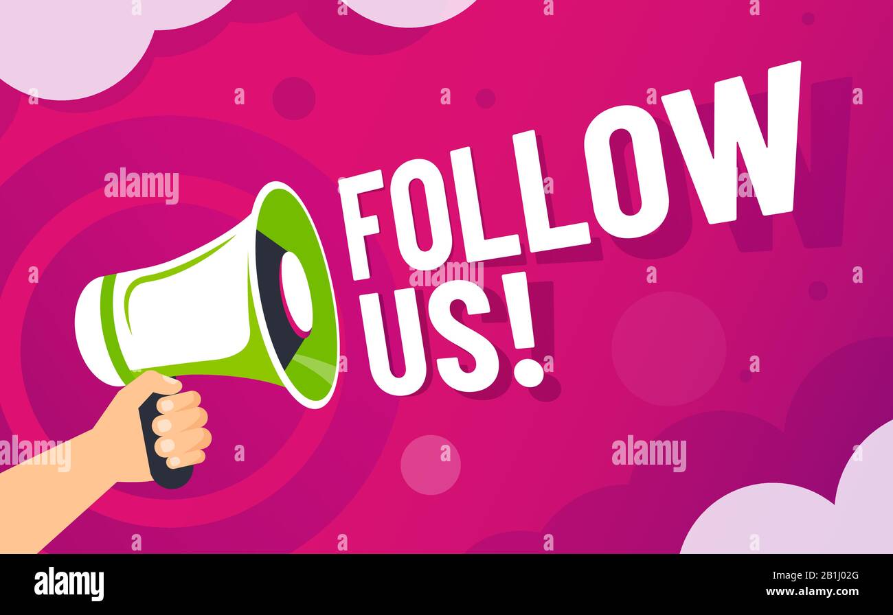 Follow us banner. Loudspeaker in hand invite followers, online social media brand communication and following vector illustration Stock Vector