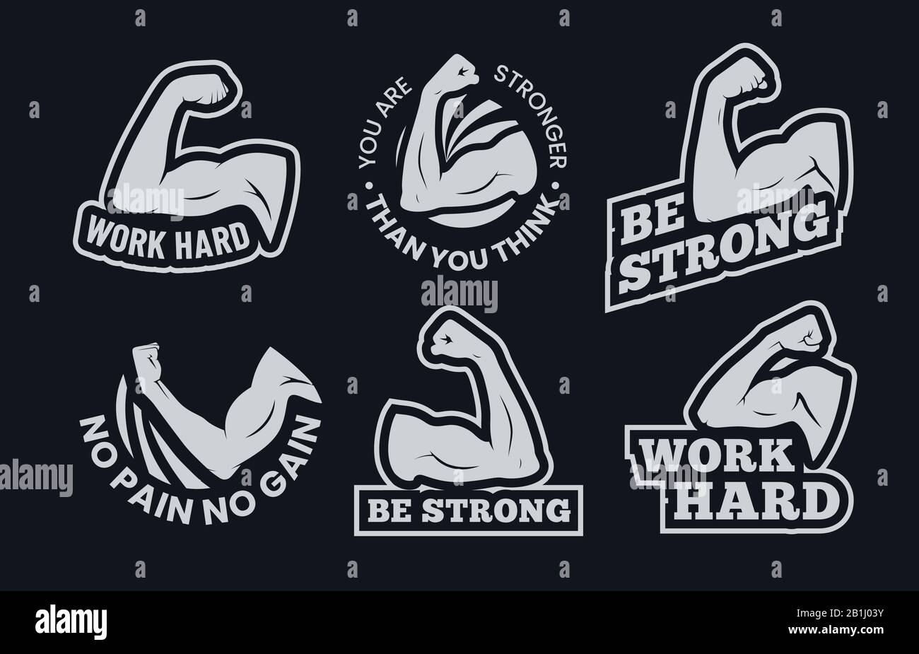 Powerful biceps muscle inspirational quotes. Be strong, work hard arm muscles and power gym. Bodybuilding and fitness signs vector set Stock Vector