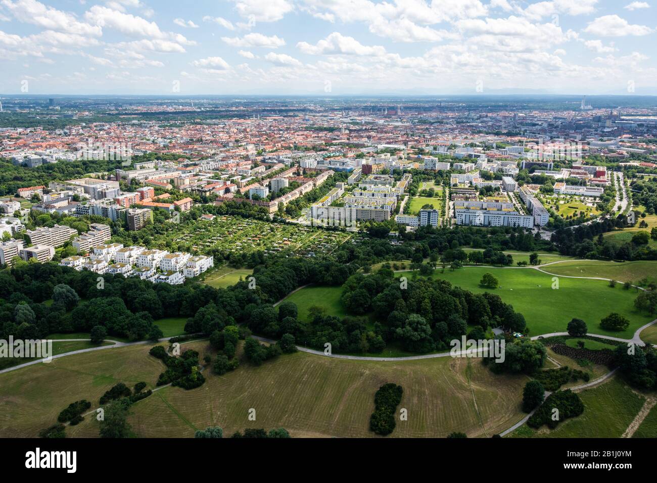 Aerial view over Munich, Germany, toward Altstadt, in summer. Stock Photo