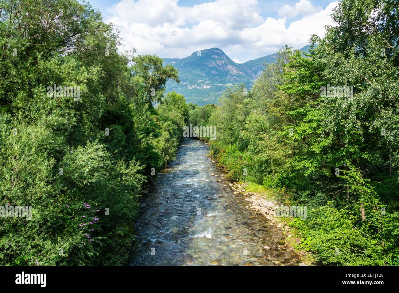 Mountain creek running in Lana municipality in South Tyrol, Italy. Stock Photo